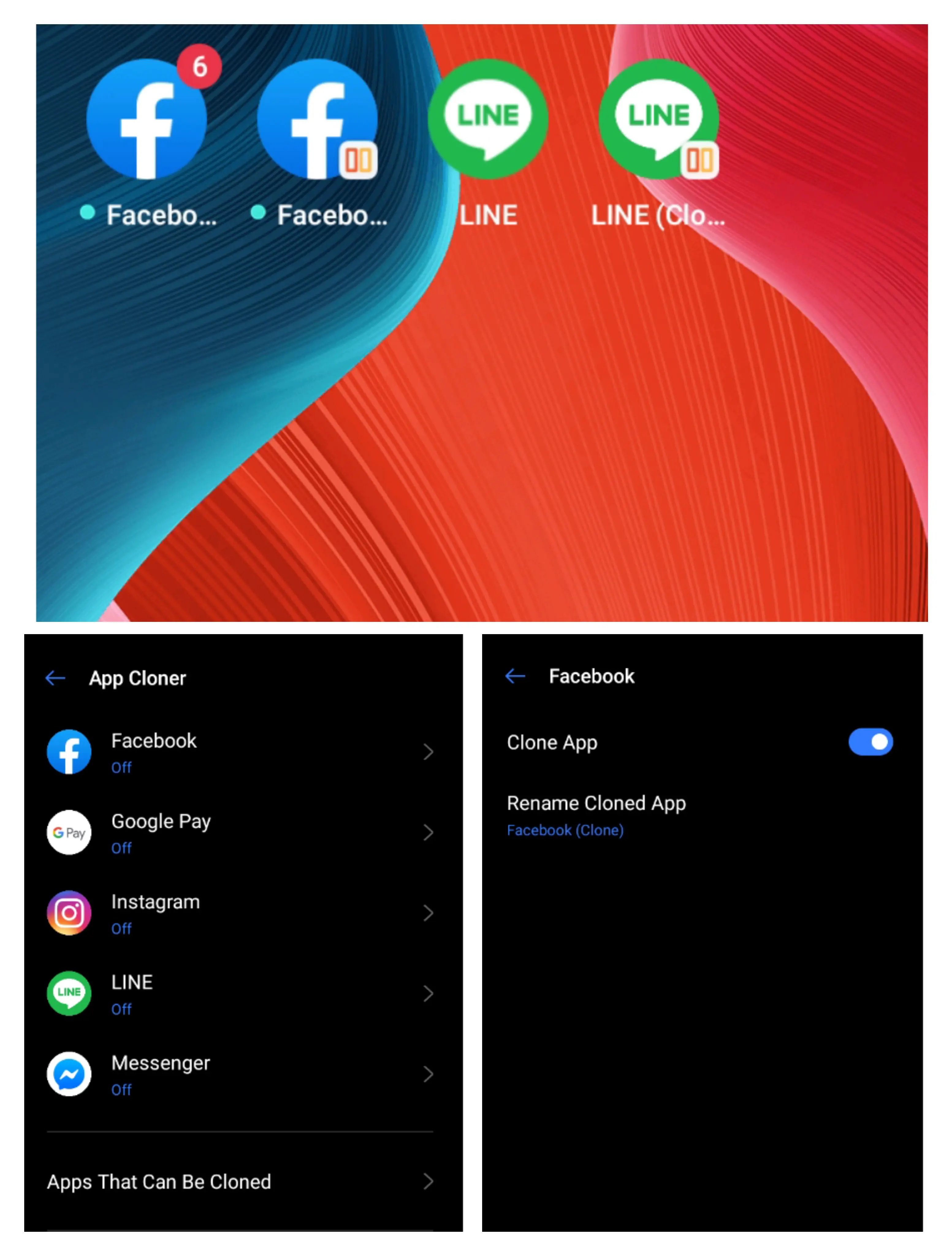 ใช้ Facebook LINE 2 บัญชีบนเครื่อง realme C11 [2+32 GB] app cloner