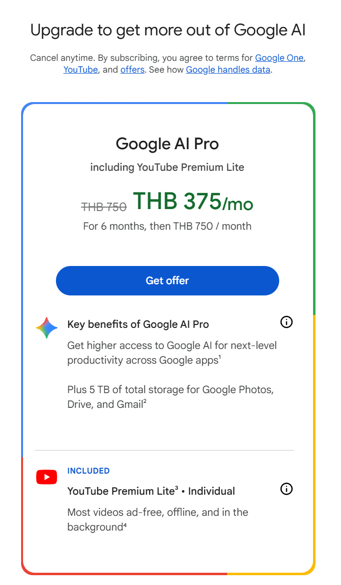 Google AI Pro including YouTube Premium Lite