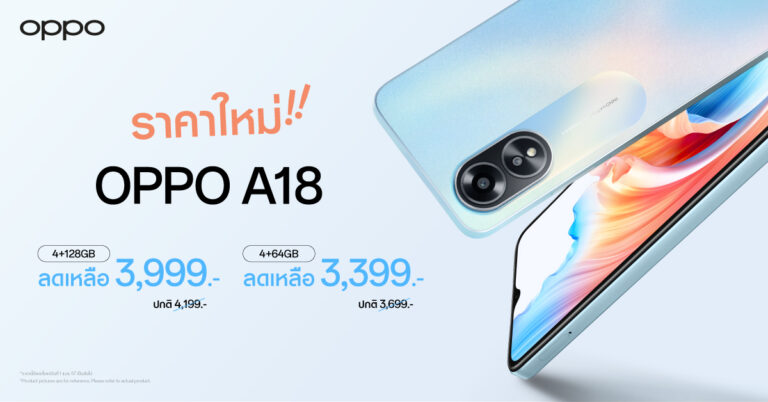 ซื้อกันง่ายขึ้น OPPO A18 ราคาใหม่ 4+64GB – 3,399 บาท และ 4+128GB – 3,999 บาท