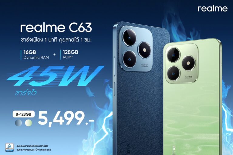 มือถือสุดคุ้มแห่งปี realme C63 ฝาหลังหนังวีแกน – ชาร์จเร็ว 45W ราคา 5,499 บาท