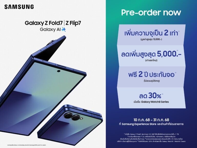 Samsung เปิดสั่งจองล่วงหน้า Galaxy Z Fold7 และ Galaxy Z Flip7 กับโปรสุดคุ้ม ฟรี! คุ้มครองจอ 2 ปี วันนี้ – 31 ก.ค. นี้เท่านั้น